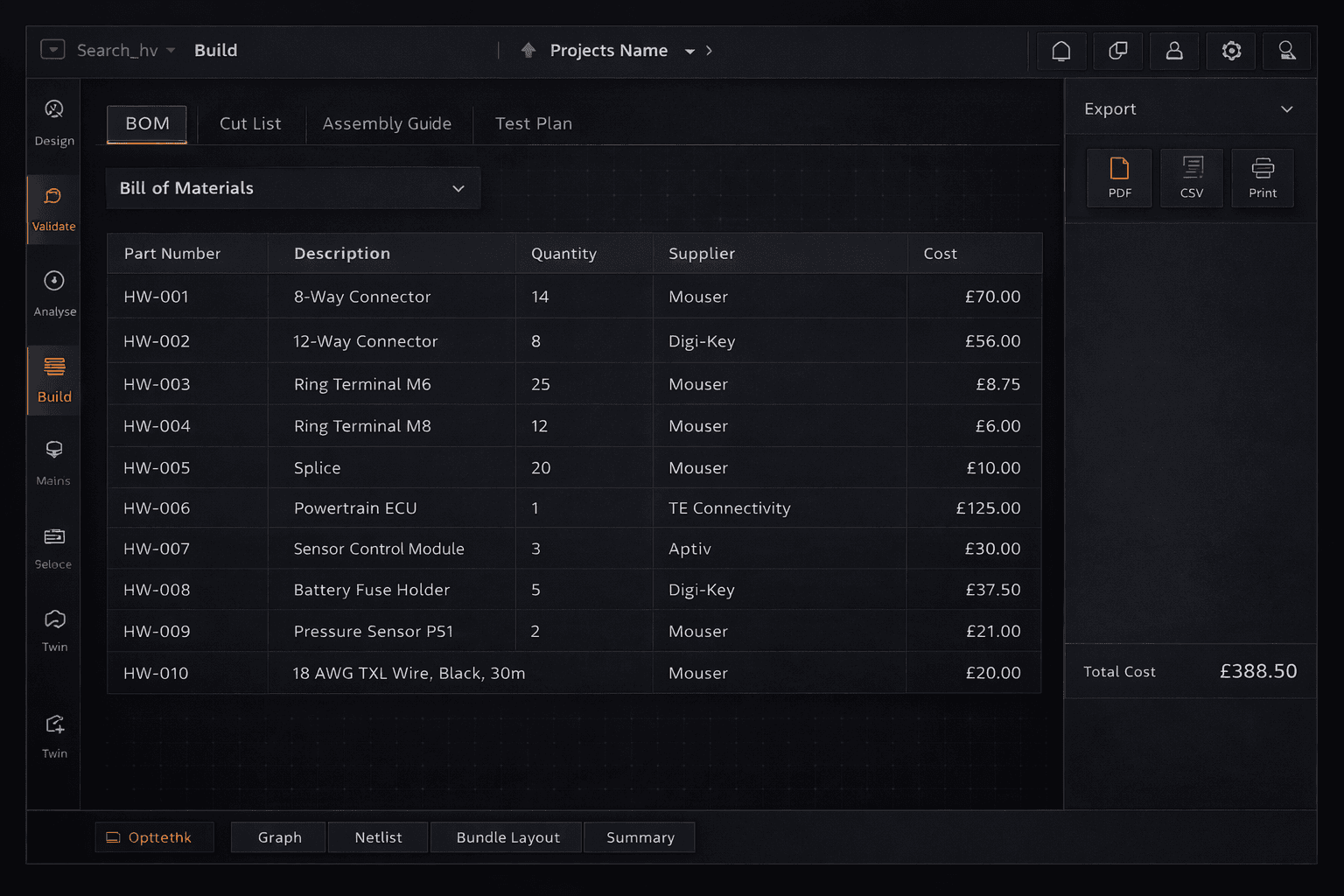 LoomLab BOM view showing parts list with quantities, suppliers, costs, and PDF/CSV export options