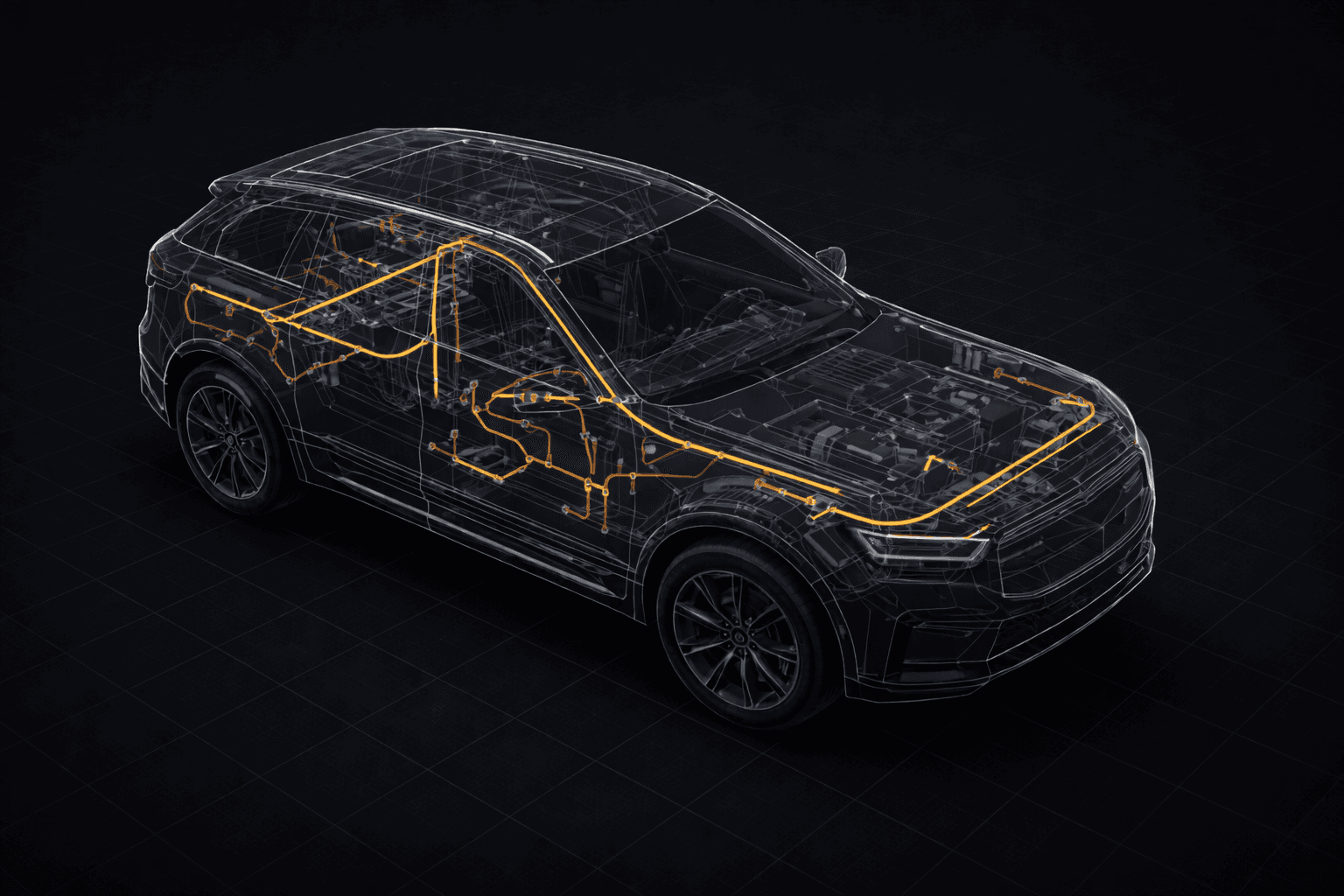 3D SUV wireframe showing full-vehicle wiring harness routing paths and connector placement