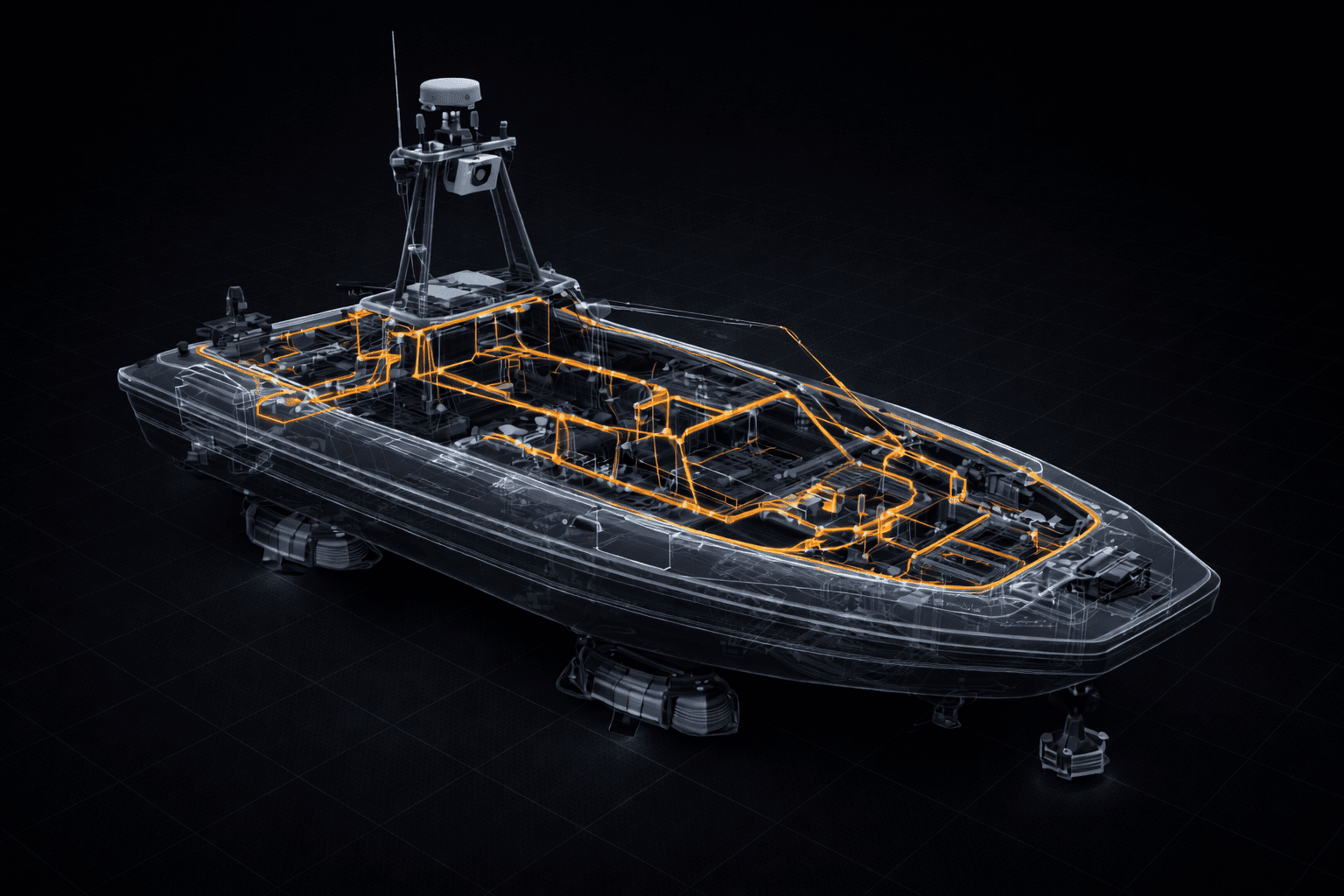 3D unmanned surface vessel wireframe with orange wiring harness routing and tether management overlay