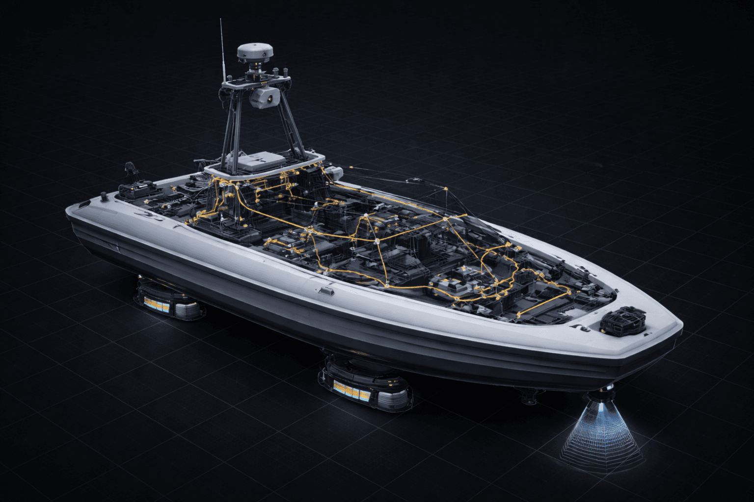 3D vessel visualization with hull structure, sonar beam, and subsea sensor integration